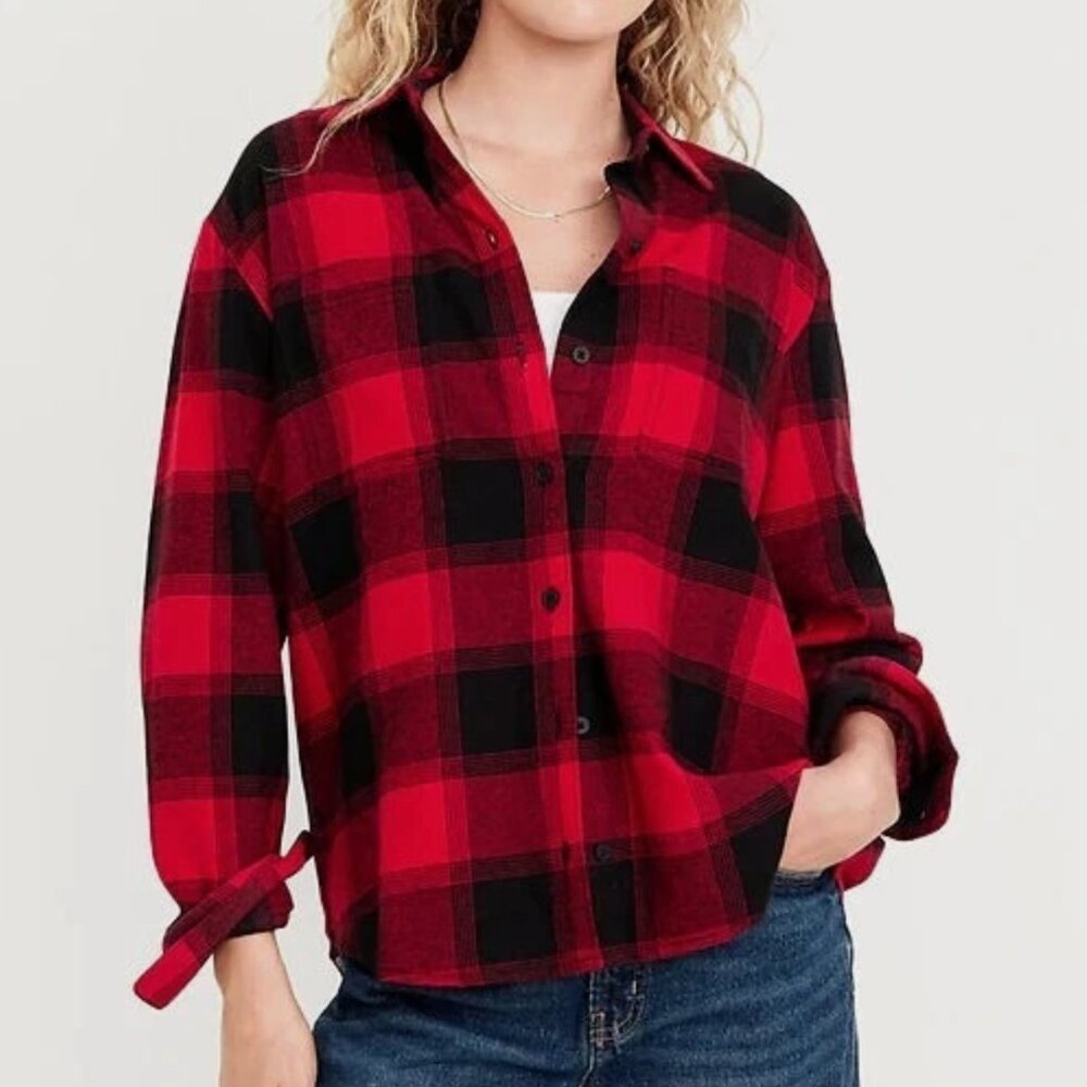 OLD NAVY Relaxed Fit Boyfriend Flannel Shirt Size Large L Red Black NEW